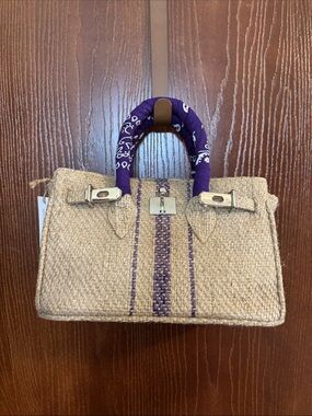 Woven Paris Straw Tote with Purple Accent Handle NWT